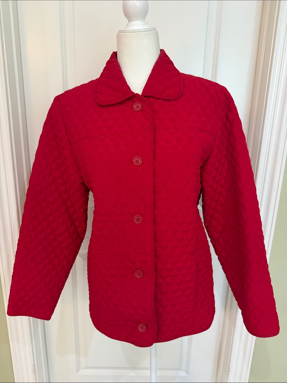Women's Quilted Red Puffer Jacket with Button Front
